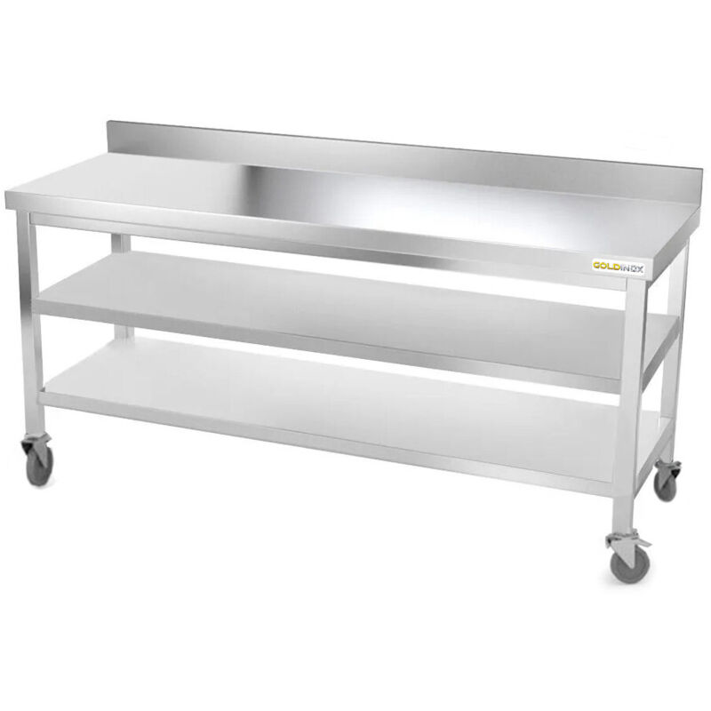 Table de travail en inox 1800 x 800 mm adossée avec 2 étagères sur roulettes PREMIUM - GOLDINOX