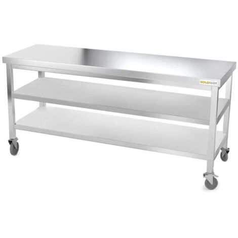 Table de travail en inox 2000 x 500 mm avec 2 étagères sur roulettes PREMIUM - GOLDINOX