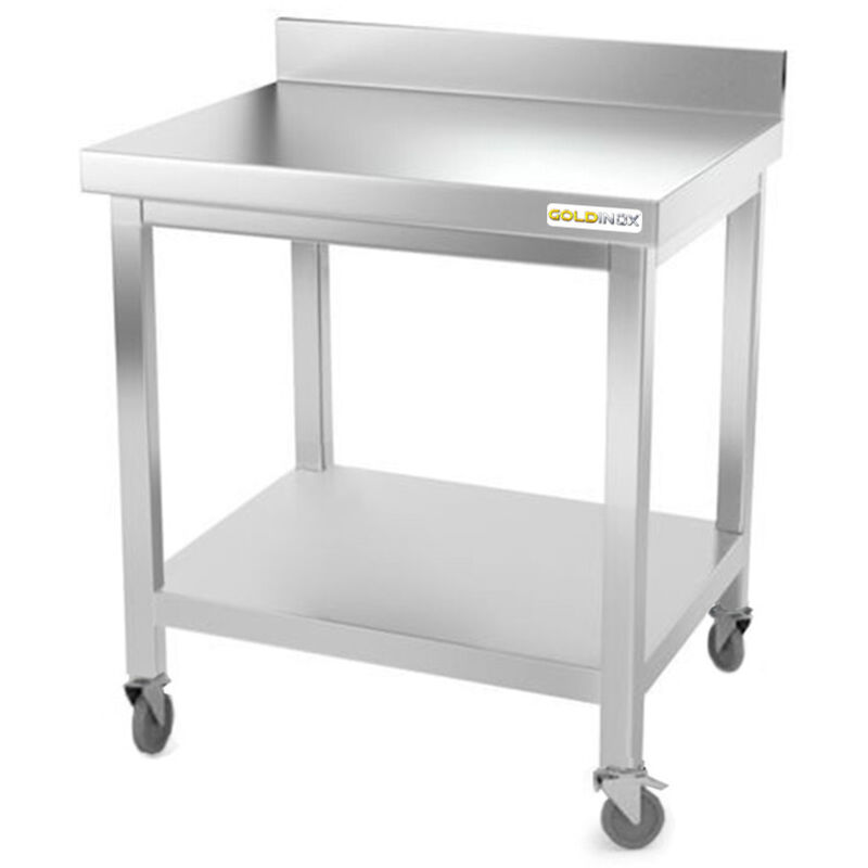 Table de travail en inox 600 x 600 mm adossée sur roulettes PREMIUM - GOLDINOX