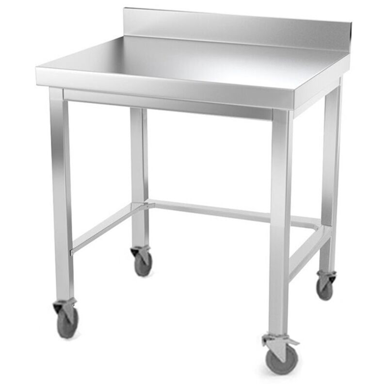 Table de travail en inox 700 x 600 mm adossée avec renfort sur roulettes PREMIUM - GOLDINOX