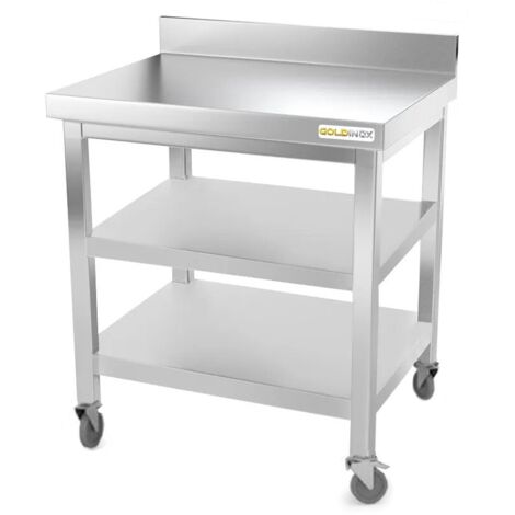 Table de travail en inox 700 x 700 mm adossée avec 2 étagères sur roulettes PREMIUM - GOLDINOX