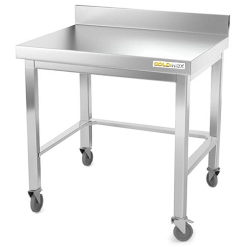 Table de travail en inox soubassement 600 x 600 mm adossée avec renfort sur roulettes PREMIUM - GOLDINOX
