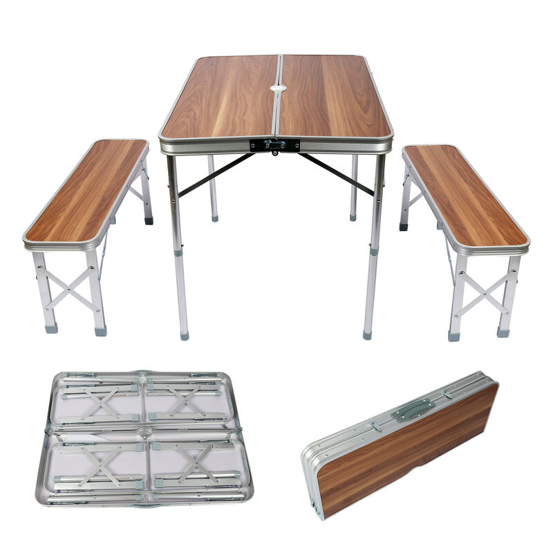 Table pliante Valise Alumium Deux bancs 90x66x70 cm Finition bois Table de camping Fête Barbecue