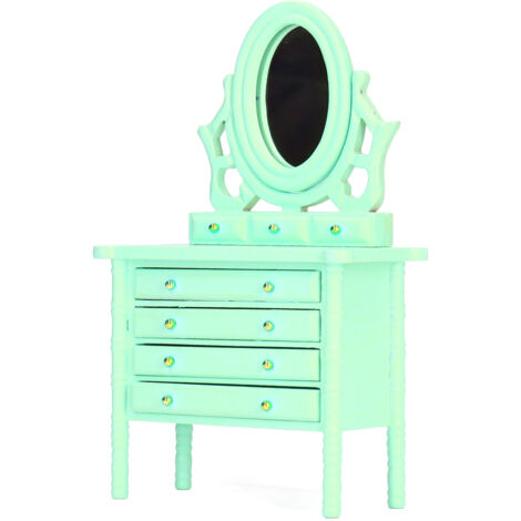 Table de Vanité Miniature 1:12 en Bois avec Miroir Vert - Meuble de Maison de Poupée Détaillé