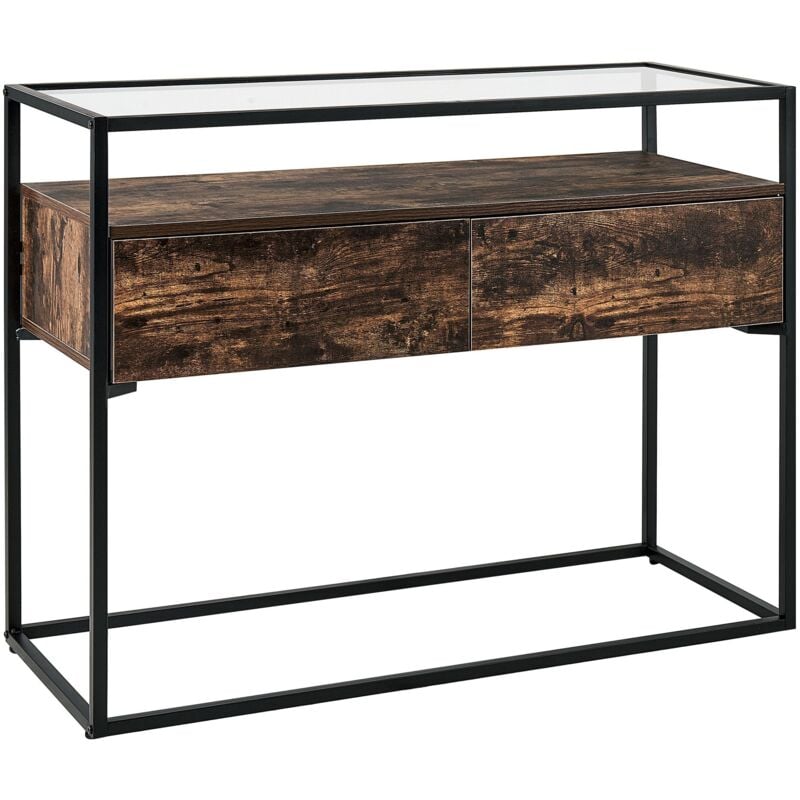 Beliani - Table console Moderne Plateau en Verre Cadre en Métal 2 Tiroirs Bois foncé Mauk