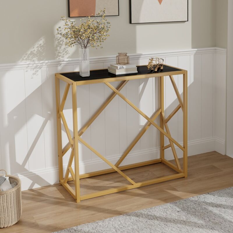 Table d'Entrée avec Plateau en Verre Trempé de 80 Cm Table Console Étroite avec Cadre Doré Longue Moderne Cadre en Métal Robuste Entrée Nior DESIGN IN