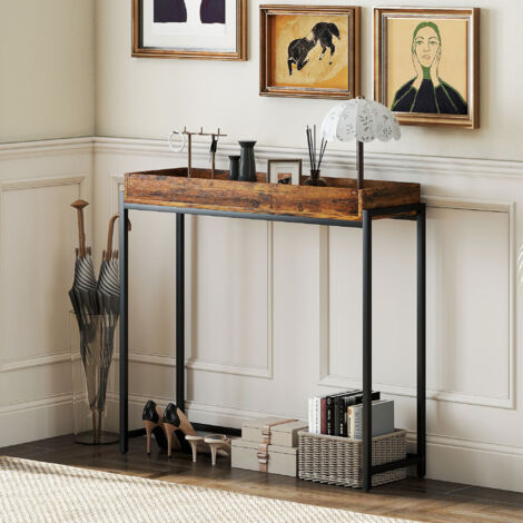 Table d'entrée, console étroite, métal, panneaux de particules, brun rustique