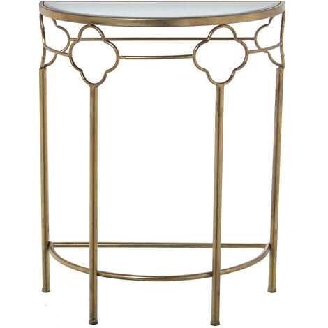 Table d'entrée en métal doré avec verre miroir semi-circulaire 60X30,5X75 Cm, ​​Mat : Fer