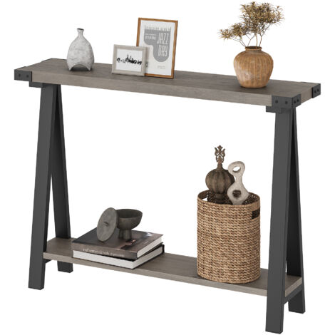 Table d’entrée étroite style fermière, 2 étagères, cadre en métal noir, pieds en V, 110 x 21 x 80 cm, gris
