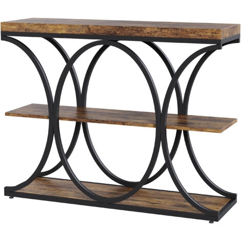 Table d’entrée industrielle table console 3 étagères avec cadre métallique demi-cercle, rangement en bois, 100 cm, brun rustique