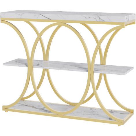 Table d’entrée industrielle table console 3 étagères avec cadre métallique demi-cercle, rangement en bois, 100 cm, doré
