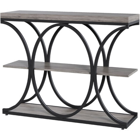 Table d’entrée industrielle table console 3 étagères avec cadre métallique demi-cercle, rangement en bois, 100 cm, gris