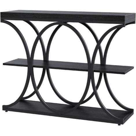 Table d’entrée industrielle table console 3 étagères avec cadre métallique demi-cercle, rangement en bois, 100 cm, noir