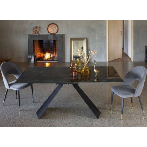 Table design 180cm céramique marron marbre et pieds métal noir Kylane