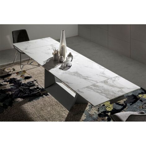 Table Design Moderne Effet Marbre et Piétement en V Noir - Blanc, gris, noir