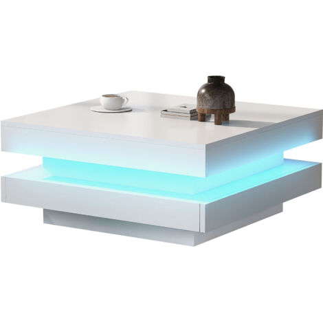 TABLE Design Moderne Rotative LED Lamellé Contreplaqué Blanc 70x70x36 cm