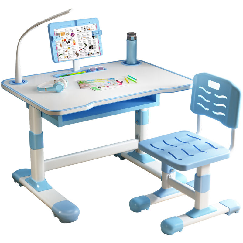 Flasidu - Bureau enfant,Hauteur réglable,Avec support de lecture inclinable et lampe de bureau LED,73×70×46cm(Bleu).