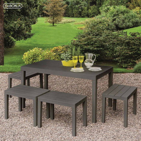 Table d'extérieur rectangulaire, Polypropylène, Effet lattes, Made in Italy, 138 x 78 x 72 cm, Anthracite