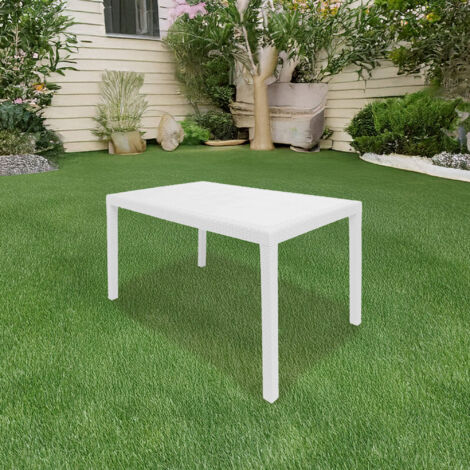 Table d'extérieur rectangulaire, Structure en résine dure effet rotin, Fabriqué en Italie, 150 x 90 x 72 cm, Couleur Blanc