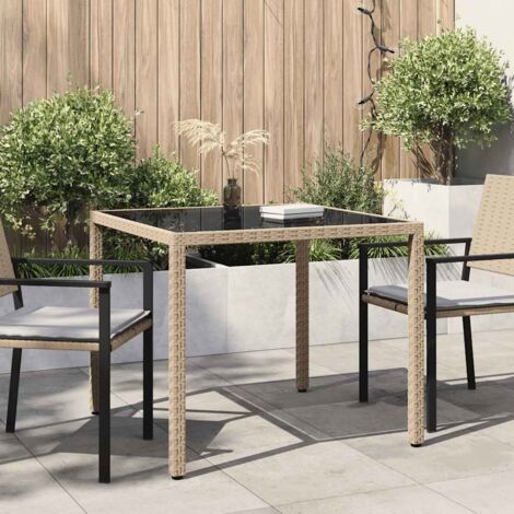 Table d'extérieur Table de salon de jardin - 90x90x75cm Verre trempé et résine tressée Beige BV149504 - BonneVie