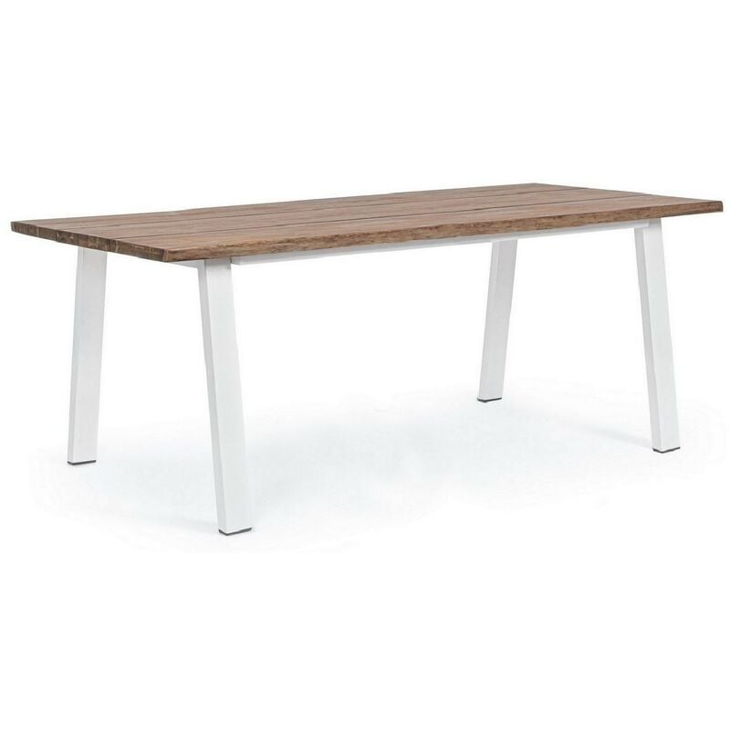 Table d'extérieur 200x100 cm en bois d'acacia avec pieds en acier peint Blanc mat Acier