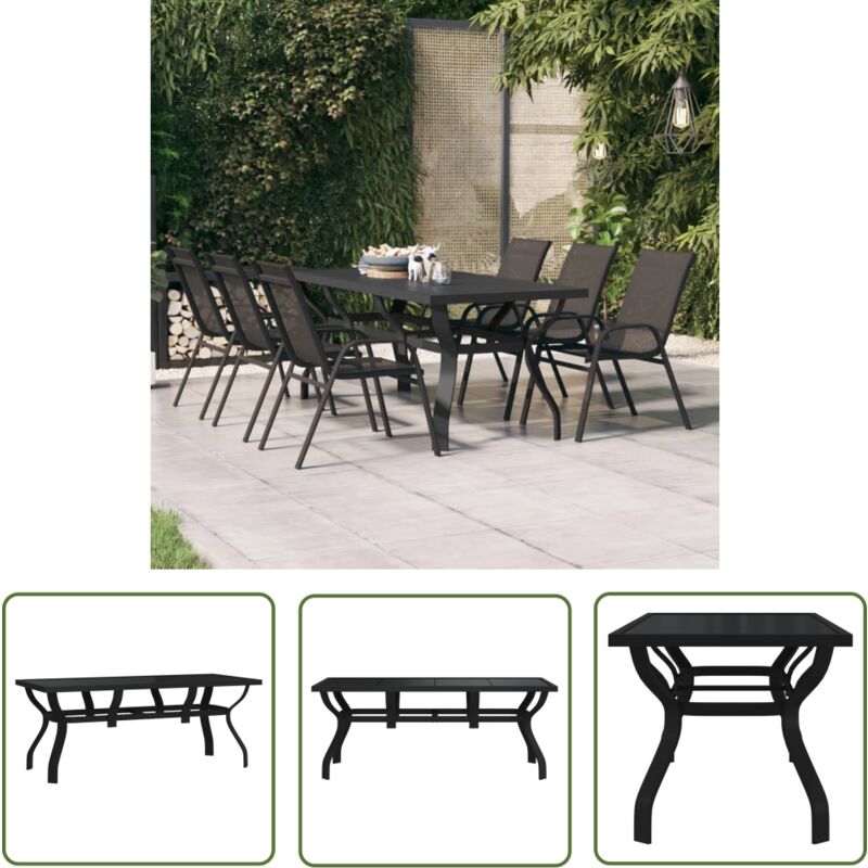 The Living Store Table de jardin Noir 180x80x70 cm Acier et verre - Table De Jardin - Table Extérieure - Table En Métal - Table Noire - Table Design