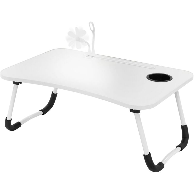 Ml-design - Table pour Ordinateur Portable Pliante, 60x40 cm, Blanc, avec 4 Prises de Charge usb, Lampe usb, Ventilateur, Support pour Boisson,