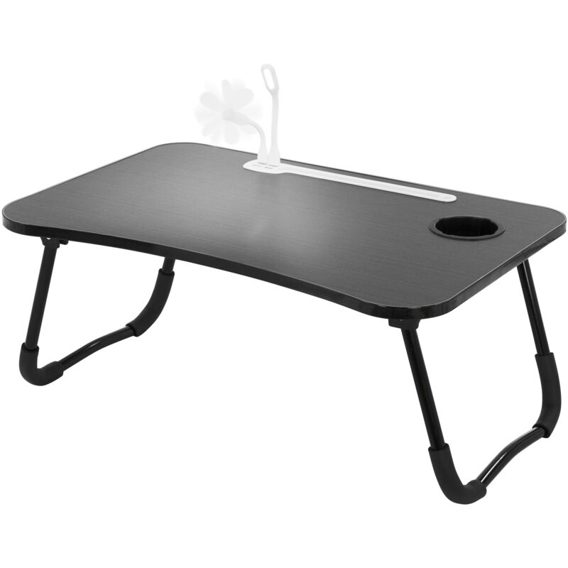 Table pour Ordinateur Portable Pliante, 60x40 cm, Noir, avec 4 Prises de Charge usb, Lampe usb, Ventilateur, Support pour Boisson, Plateau de