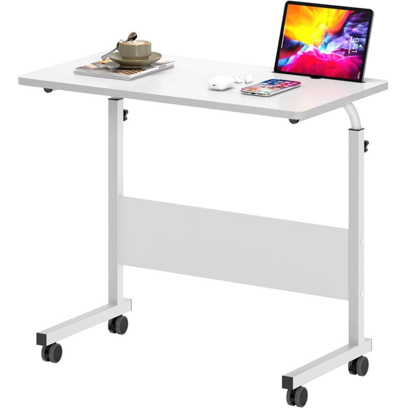 Sinbinta - Table d'ordinateur pour ordinateur portable réglable en hauteur avec roulettes, 80 40 cm - Blanc