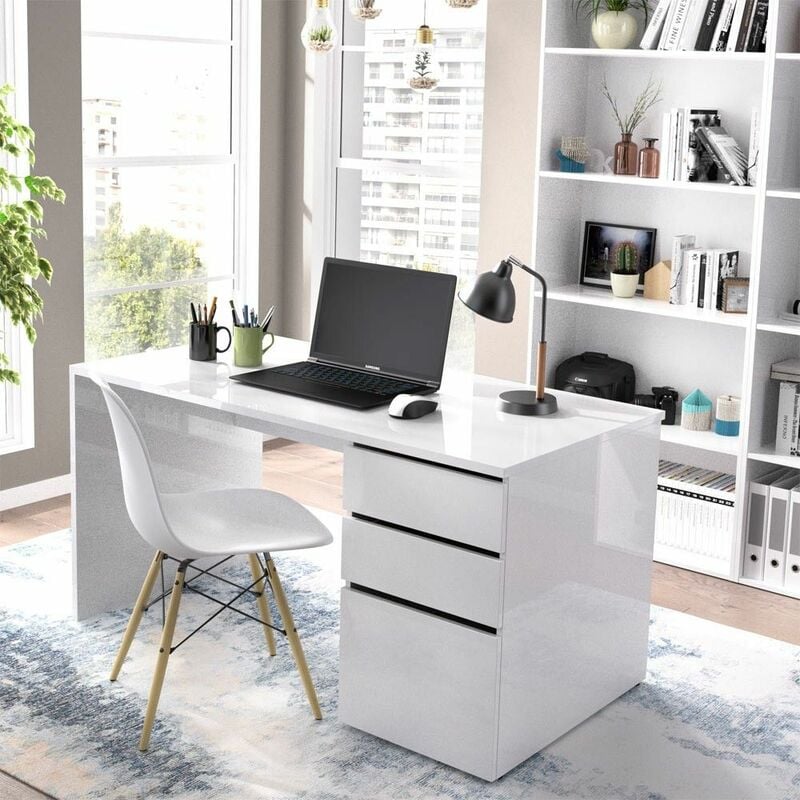 Mobimarket - Bureau Shiro 2 tiroirs 1 porte blanc brillant Blanc brillant 139 x 75 x 60 cm - Blanc brillant