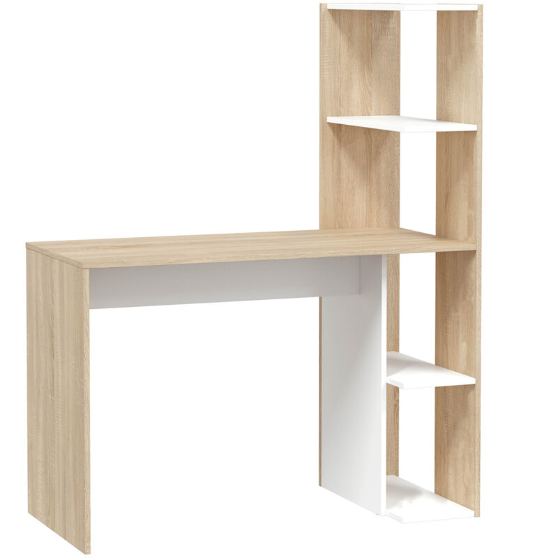 Pegane - Table du bureau, meuble du bureau réversible avec étagère en bois coloris Blanc artik, chêne canadien - hauteur 136 x longueur 110 x