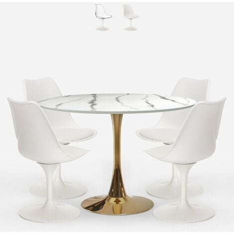 Table salle a manger ronde en noyer et céramique effet marbre blanc 120 cm  - Albâtre