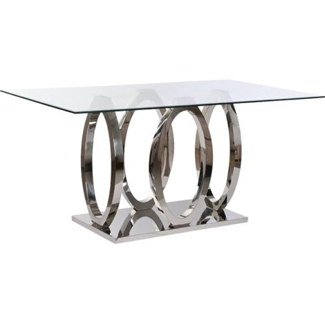 Table élégante en verre trempé et acier pour salle à manger - Argent et verre transparent