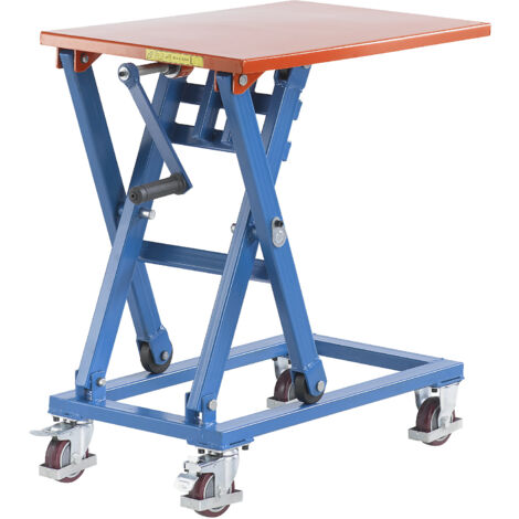 Table élévatrice mobile à manivelle – Charge max. 200 kg – Plage de levée 420-820 mm – Dimensions 750x500 mm – Acier peint époxy – Certeo