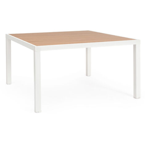 Table en aluminium blanc 136x136 avec plateaux à lattes effet bois