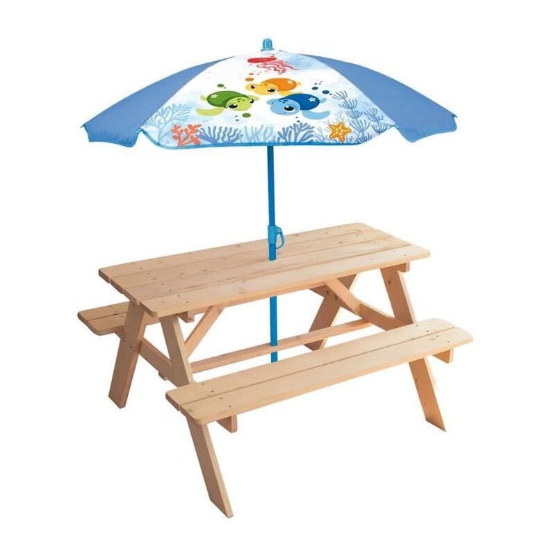 Mobilier de jardin - fun house - Table pique-nique en bois Ma Petite Carapace H.53xL.95xP.100 cm avec parasol tortue H.125x100 c