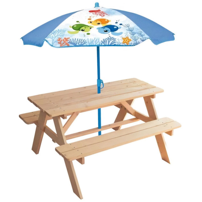 Mobilier de jardin Fun House Table pique-nique en bois Ma Petite Carapace H.53xL.95xP.100 cm avec parasol tortue H.125x10…