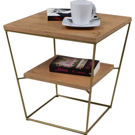 Table en fil de fer V avec étagère, chêne doré Lancelot