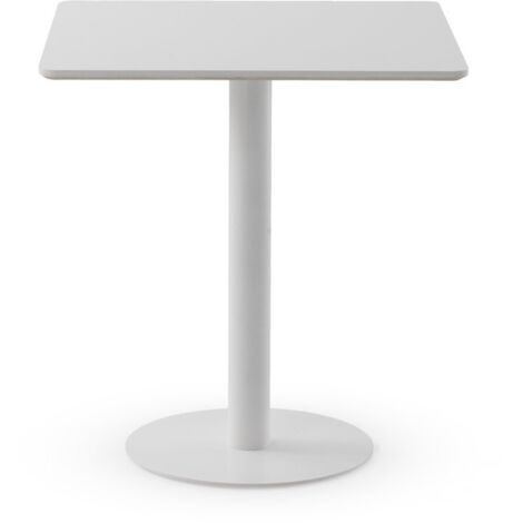 Table en mélamine blanche 70x70 cm, piètement central en métal blanc