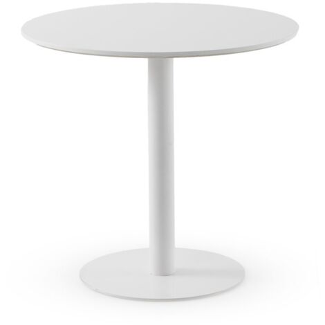 Table en mélamine blanche, diamètre 80 cm, piètement central en métal blanc