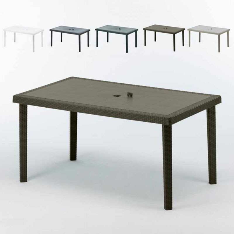 Grand Soleil – Table de jardin rectangulaire 150x90 cm en polyrotin – Résistante aux intempéries – Trou pour parasol – Pour terrasses et restaurants