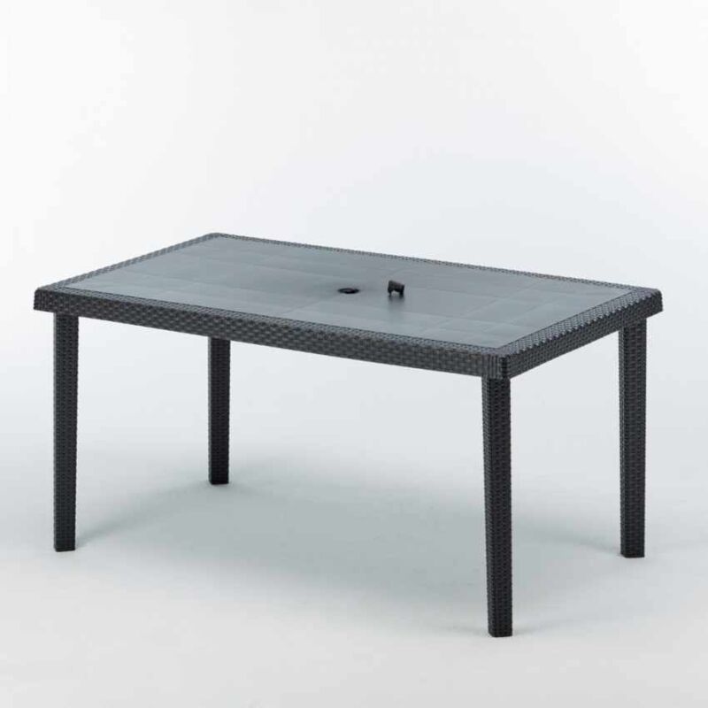 Grand Soleil – Table de jardin rectangulaire 150x90 cm en polyrotin noir – Résistante aux intempéries et aux UV – Trou central pour parasol –