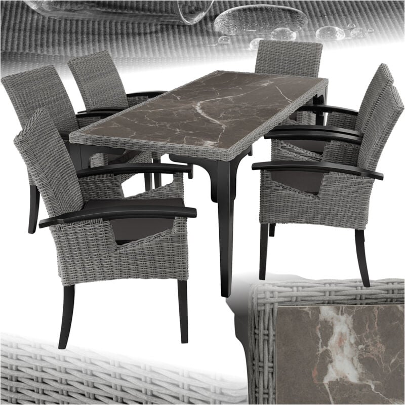 Ensemble Table en rotin avec 6 chaises avec cadre solide Tressage à l'aspect naturel Accoudoirs et pieds en bois