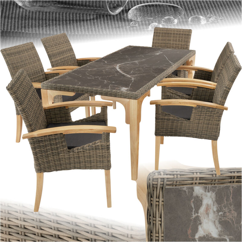 Tectake - Ensemble Table en rotin avec 6 chaises avec cadre solide Tressage à l'aspect naturel Accoudoirs et pieds en bois