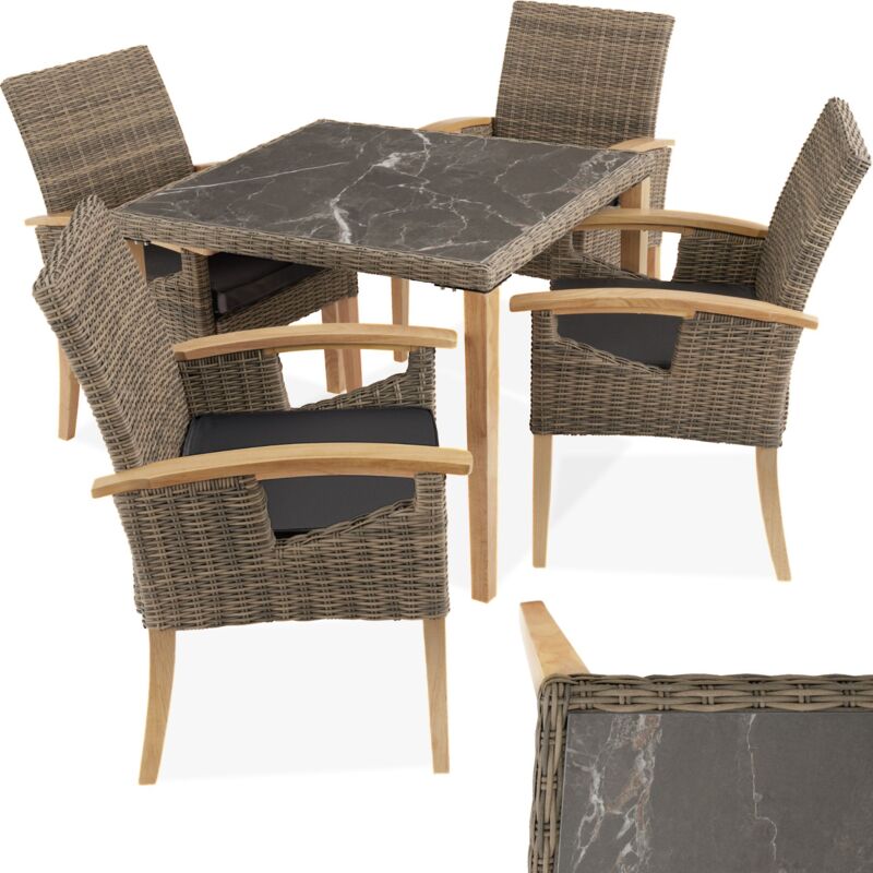 Ensemble Table en rotin avec 4 chaises avec cadre solide en bois - marron naturel