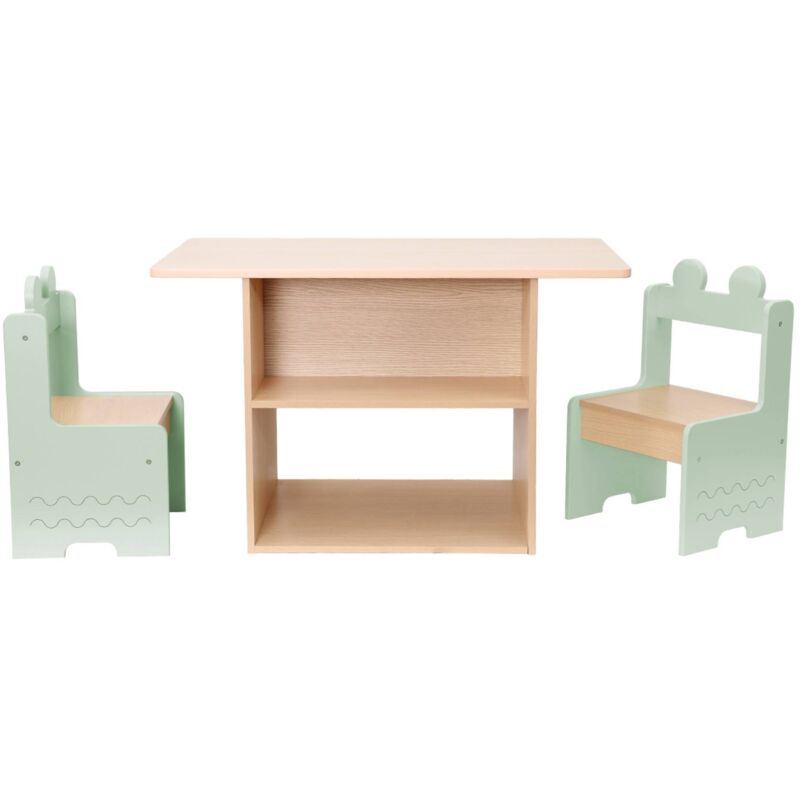 Table enfant + 2 chaises. avec étagères. vert