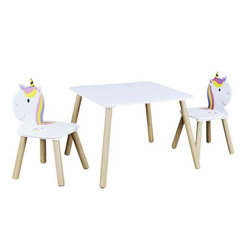 Table enfant 55x55x43 cm avec 2 chaises licorne – MDF et pin – Pour chambres et espaces de jeux – Assemblage facile – The Home Deco Kids