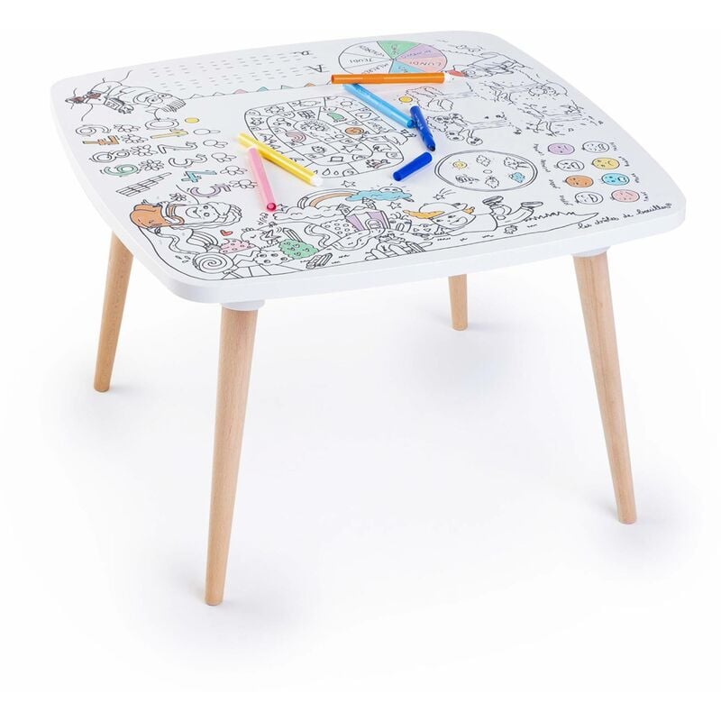 Table enfant à colorier L'atelier des artistes – Coloritable Les drôles de bouilles. Made in Europe. effaçable. 60x60cm. pieds ronds en bois. feutres