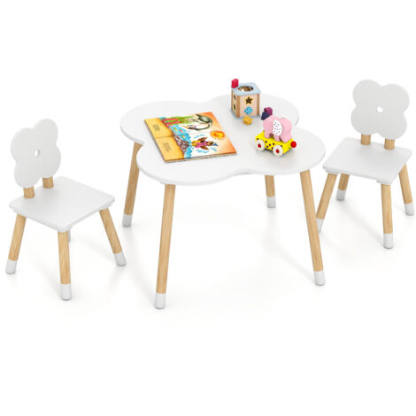 Table Enfant avec 2 Chaises en Forme de Fleur, Table de Jeu et d'Activités avec Pieds en Bois de Pin Massif, pour Tout-Petits de 3+ Ans, Blanc