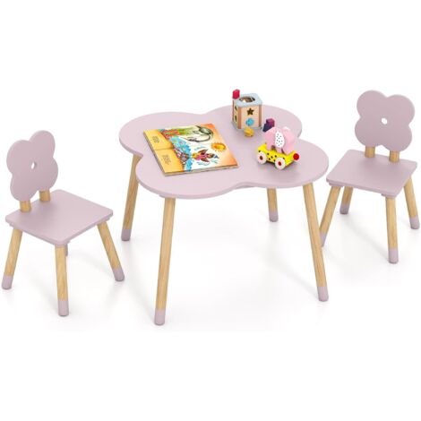 Table Enfant avec 2 Chaises en Forme de Fleur, Table de Jeu et d'Activités avec Pieds en Bois de Pin Massif, pour Tout-Petits de 3+ Ans, Rose